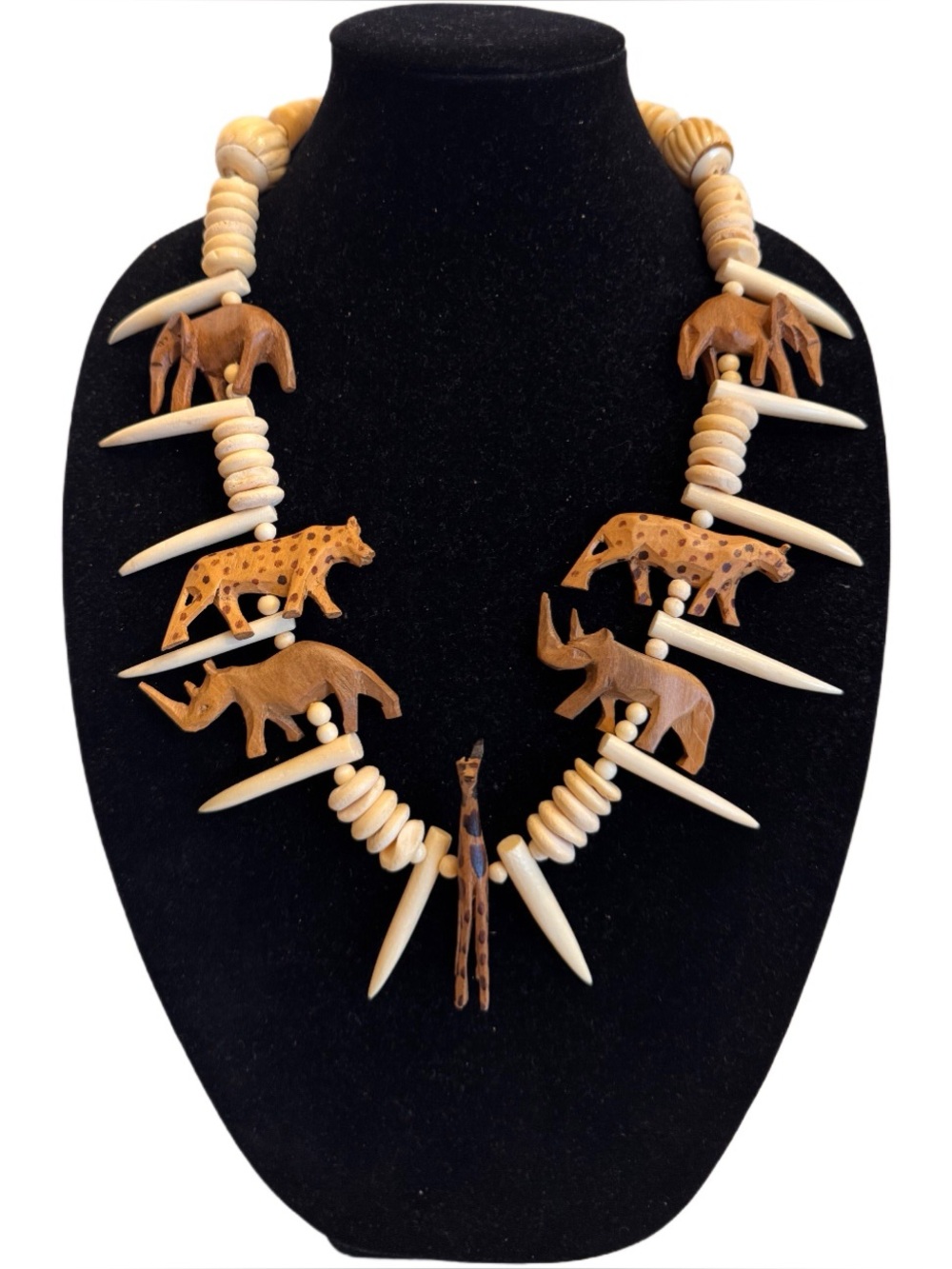Vintage Carved African Bib Necklace Beads Spikes Bone Wood Animals Elephants